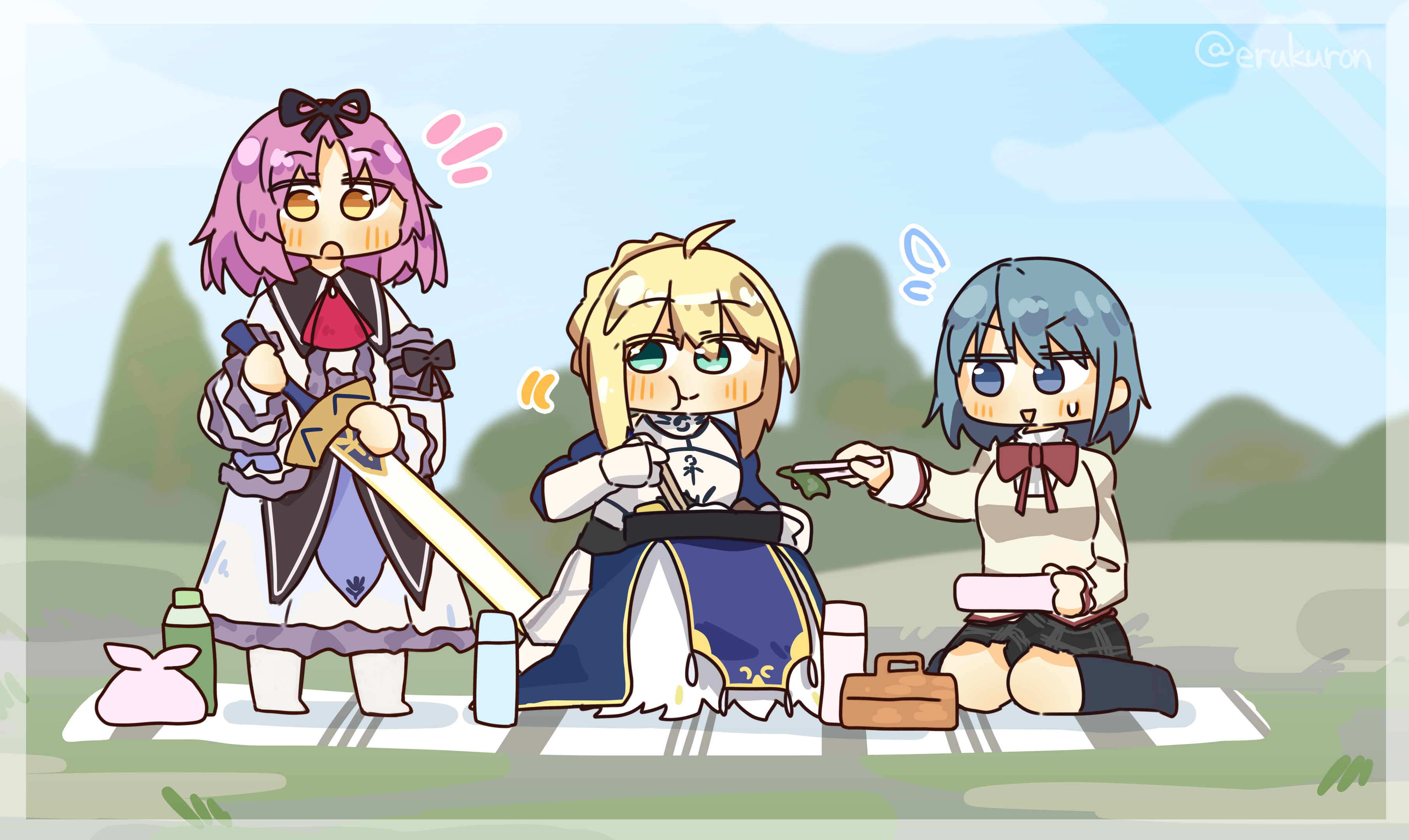 3girls absurdres armor armored_dress artoria_pendragon_(fate) bento blue_hair chibi commission crossover dress eating eiyuu_densetsu excalibur_(fate/stay_night) fate/stay_night fate_(series) flask grass highres holding holding_sword holding_weapon lcron mahou_shoujo_madoka_magica miki_sayaka multiple_girls outdoors picnic pixiv_commission renne_(eiyuu_densetsu) saber_(fate) school_uniform seiza sitting sora_no_kiseki sword weapon