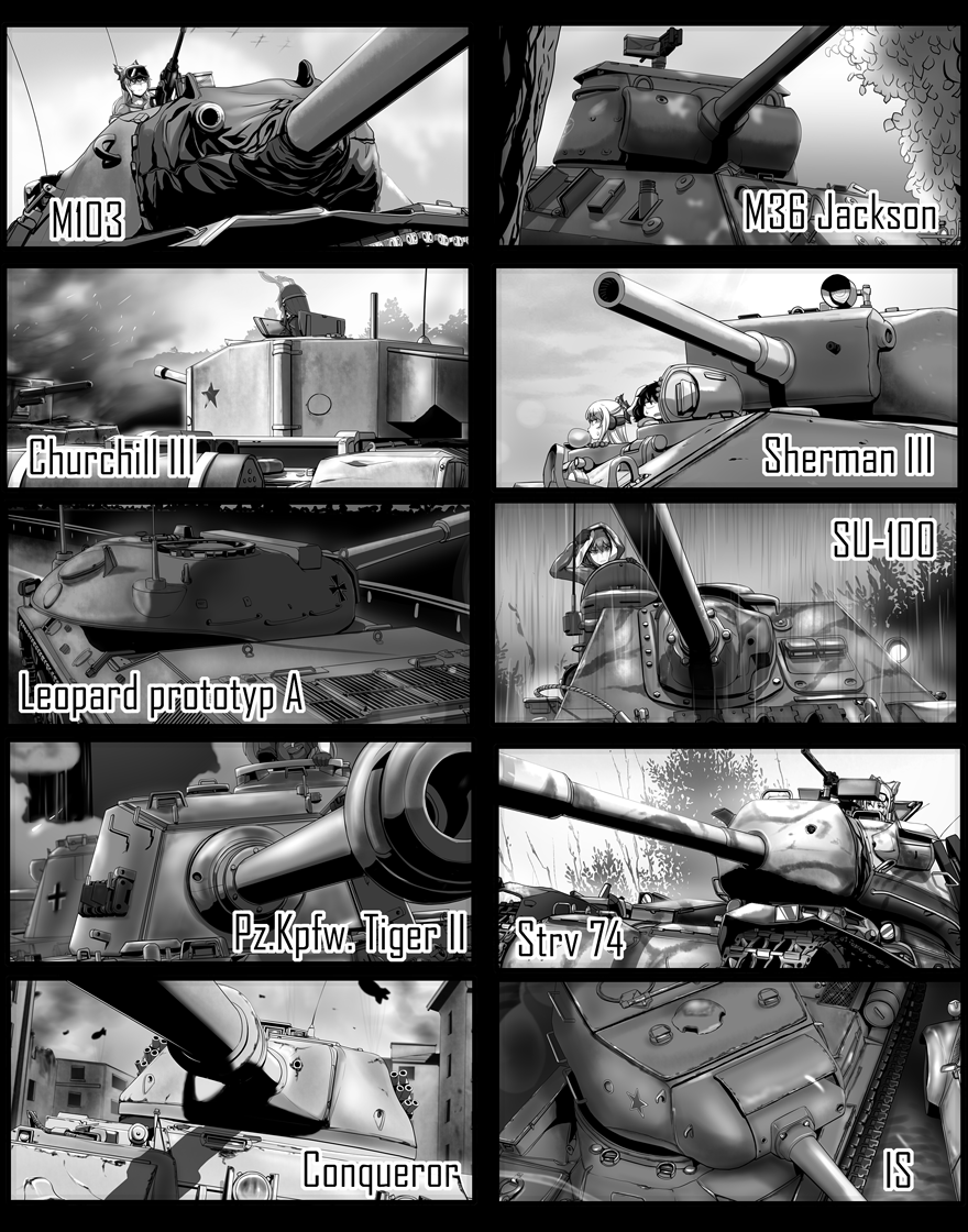 3girls aircraft animal_ears assault_gun churchill_(tank) commentary_request conqueror_(tank) fujiwara_no_mokou greyscale gun inaba_tewi is-1 leopard_1 m103_heavy_tank m36_jackson m4_sherman machine_gun military military_vehicle monochrome motor_vehicle multiple_girls rabbit_ears reisen_udongein_inaba sky stridsvagn_74 su-100 tank tiger_ii touhou tree weapon world_of_tanks yaruku