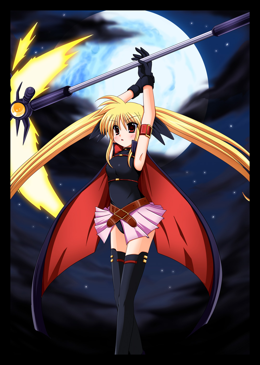 1girl arm_belt armpits bardiche_(nanoha) bardiche_(scythe_form)_(nanoha) black_boots black_bow black_cape black_gloves black_leotard blonde_hair blush boots bow cape cross_(crossryou) fate_testarossa fate_testarossa_(movie_1st_form) female_focus full_moon gloves hair_bow highres holding holding_scythe leotard long_hair lyrical_nanoha mahou_shoujo_lyrical_nanoha moon night open_mouth outdoors overskirt pink_skirt red_eyes scythe skirt sky solo standing star_(sky) starry_sky thigh_boots thighhighs twintails very_long_hair