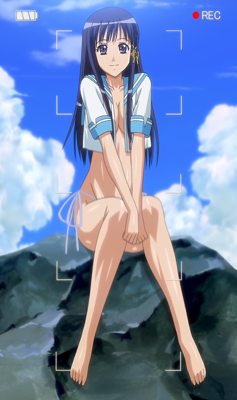 15_bishoujo_hyouryuuki 1girl anime_screenshot beach blue_hair breasts feet female_focus highres long_hair looking_at_viewer medium_breasts no_bra panties purple_eyes recording rock school_uniform sitting smile solo stitched thighs third-party_edit underwear white_panties yotsuya_kotoko