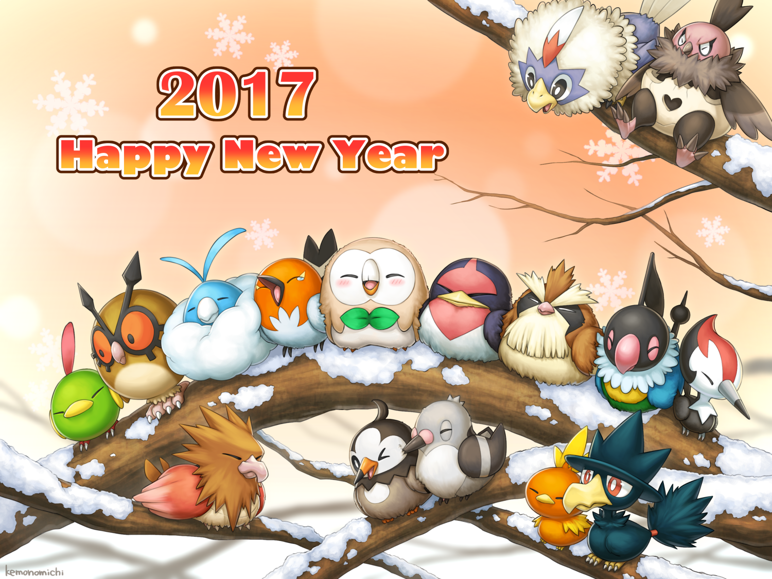 2017 animal_focus bird chatot closed_eyes fletchling gen_1_pokemon gen_2_pokemon gen_3_pokemon gen_4_pokemon gen_5_pokemon gen_6_pokemon gen_7_pokemon happy_new_year hoothoot kemonomichi_(blue_black) murkrow natu new_year nintendo no_humans one_eye_closed open_mouth outdoors perching pidgey pidove pikipek pokemon pokemon_(creature) rowlet rufflet snow snowflakes spearow starly swablu swellow torchic vullaby winter
