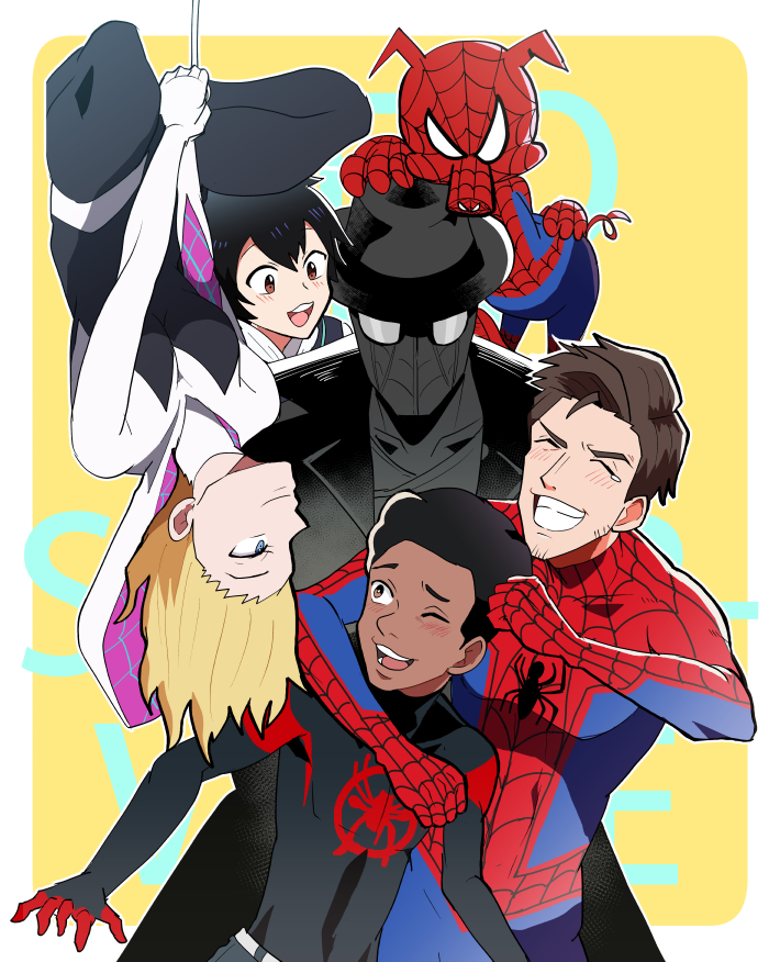 1girl 2girls 4boys black_bodysuit black_hair blonde_hair blue_eyes bodysuit breasts brown_eyes grin hood hood_down hooded_bodysuit koge12 marvel mask medium_breasts miles_morales multiple_boys multiple_girls noogie on_head peni_parker peter_b_parker pig_boy school_uniform short_hair smile spider-gwen spider-man spider-man:_into_the_spider-verse spider-man_(series) spider-man_noir spider-verse spider_web_print tearing_up unworn_mask upside-down
