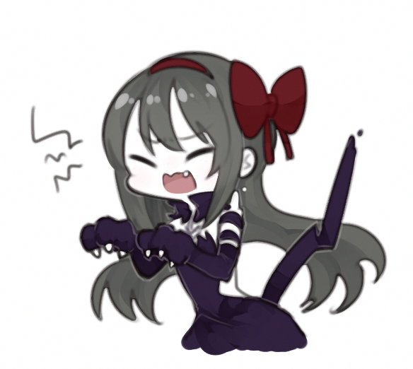 10s 1girl akemi_homura akuma_homura bare_shoulders bear_claws black_dress black_hair bow chibi choker closed_eyes dress fang fc_(efushii) female_focus hair_bow long_hair mahou_shoujo_madoka_magica mahou_shoujo_madoka_magica:_hangyaku_no_monogatari open_mouth purple_eyes simple_background solo tail white_background