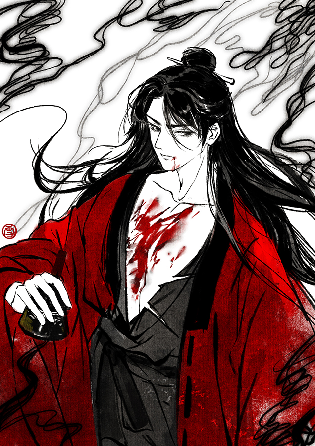 1boy bell black_eyes black_hair black_hanfu black_smoke bleeding blood blood_from_mouth blood_on_chest blood_on_clothes blood_on_face chinese_clothes chinese_commentary coat collarbone colored_smoke creature dao_gui_yi_xian eyelashes faux_traditional_media floating_hair hair_bun hair_ornament hair_stick half_updo hanfu holding holding_bell injury ink_wash_painting li_huowang long_hair long_sleeves looking_at_viewer male_focus monochrome open_clothes open_coat open_robe pectorals red_coat robe seal_impression simple_background single_hair_bun smoke solo spot_color torn_clothes upper_body white_background wide_sleeves xuedaixun you_laoye