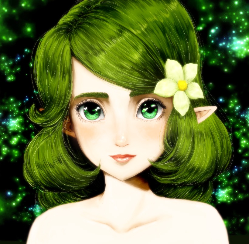 1girl bad_id bad_pixiv_id blush elf eyebrows eyelashes female_focus flower green_eyes green_hair hair_flower hair_ornament kokiri lips looking_at_viewer matching_hair/eyes mokotoko nintendo nude pointy_ears portrait saria_(zelda) short_hair solo the_legend_of_zelda the_legend_of_zelda:_ocarina_of_time thick_eyebrows