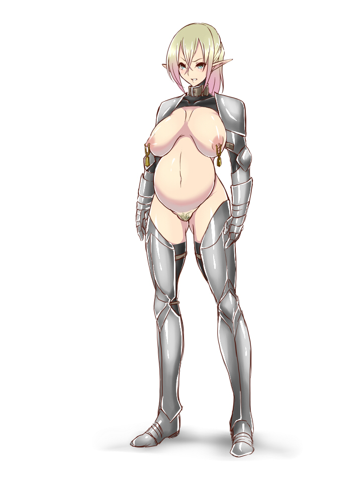 1girl angry armor armored_boots big_belly blonde_hair blue_eyes boots breasts cleft_of_venus collar cuisses elf female_knight female_pubic_hair full_body gauntlets greaves knight large_breasts looking_at_viewer maron_(kagamikunn) naked_armor navel nipple_bells nipple_piercing nipples nude original pauldrons piercing pointy_ears poleyn ponytail pregnant pubic_hair rerebrace reverse_bikini_armor reverse_outfit sagging_breasts shoulder_armor solo standing thighhighs vambraces white_background