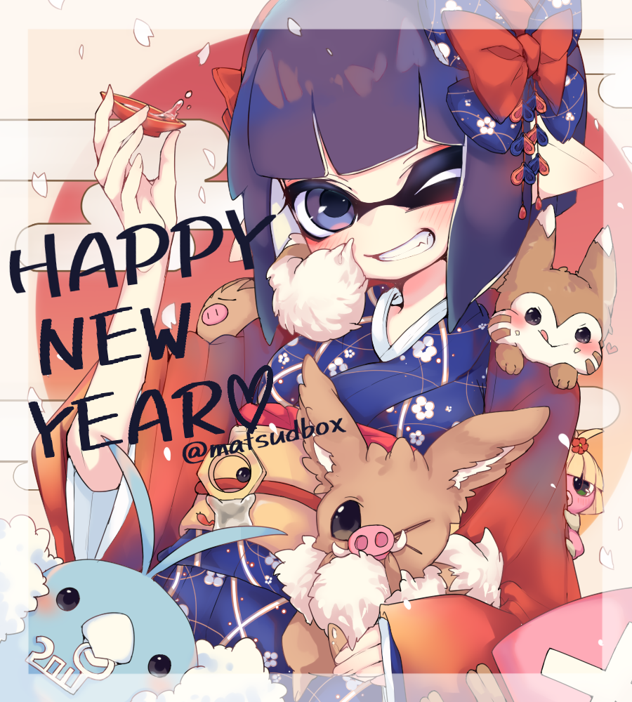1girl artist_name blue_eyes blue_hair blue_kimono bow bow_hairband commentary_request crossover cup eevee furret gen_1_pokemon gen_2_pokemon gen_3_pokemon gen_7_pokemon gradient_clothes gradient_kimono grin hair_bow hairband happy_new_year holding holding_cup holding_pokemon inkling inkling_girl inkling_player_character japanese_clothes kimono long_sleeves looking_at_viewer matsushita_(matsudbox) meltan mythical_pokemon new_year nintendo no_nose obi obiage obijime on_shoulder one_eye_closed pointy_ears pokemon pokemon_(creature) pokemon_on_shoulder red_bow red_hairband red_kimono sakazuki sash short_hair smile smoochum splatoon_(series) swablu swinub tentacle_hair wide_sleeves