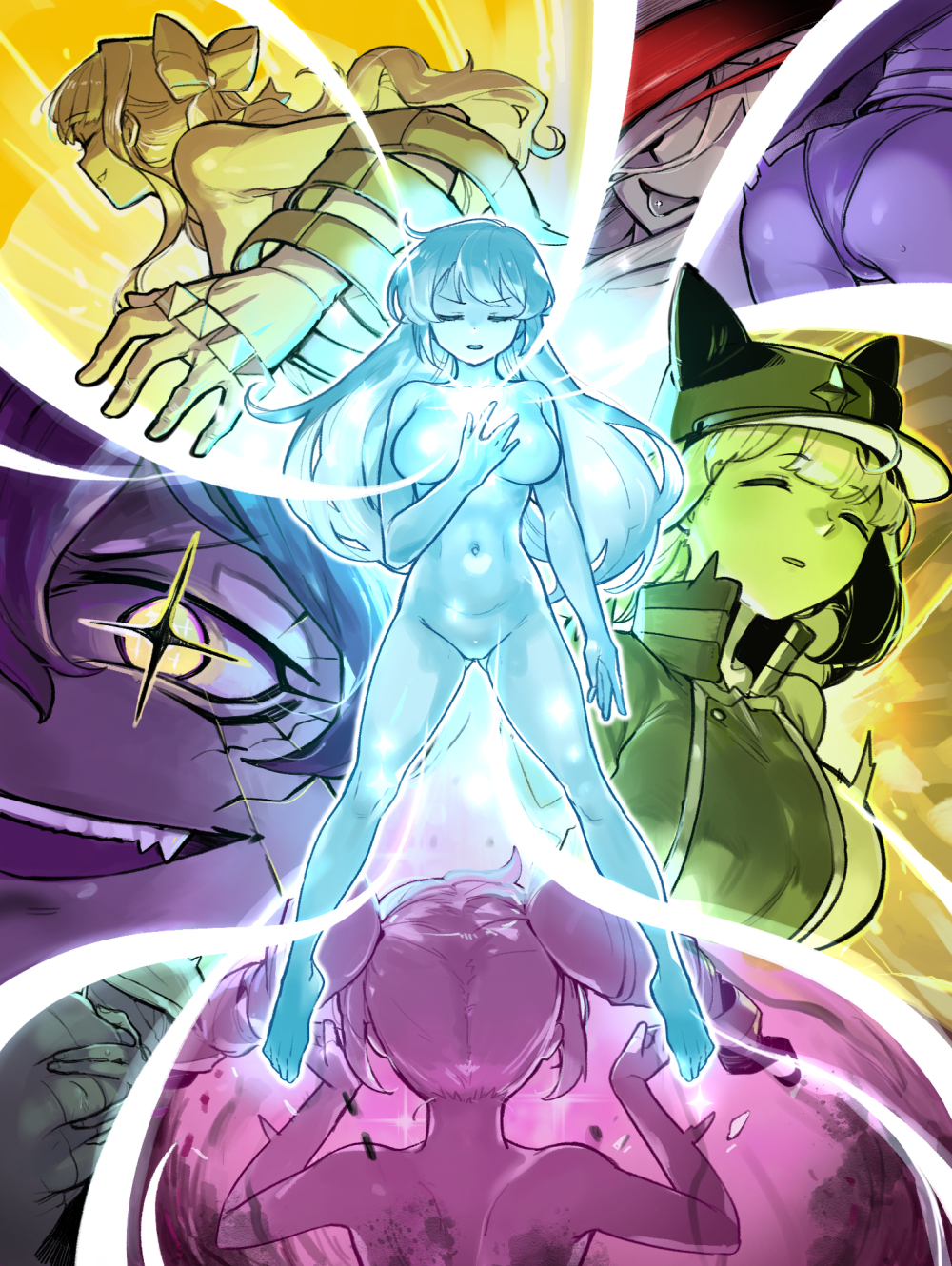 6+girls aimitsu_(ibityuttyu) animal_hat araga_kiwi ass baseball_cap breasts cat_hat closed_eyes commentary_request cross-shaped_pupils fangs glowing hanabishi_haruka hat hat_with_ears highres hiiragi_utena leoparde_(mahou_shoujo_ni_akogarete) magia_azure magia_baiser magia_magenta magia_sulfur mahou_shoujo_ni_akogarete minakami_sayo multiple_girls nude open_mouth symbol-shaped_pupils tenkawa_kaoruko yellow_eyes