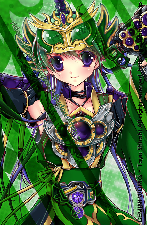 1girl armor bad_id bad_pixiv_id detached_sleeves female_focus food fruit grapes green_hair kamen_rider kamen_rider_gaim_(series) kamen_rider_ryugen lock_seed multicolored_hair neck_ribbon personification purple_eyes purple_hair ribbon rider-tan rider_belt sengoku_driver shisaki_tayu solo two-tone_hair