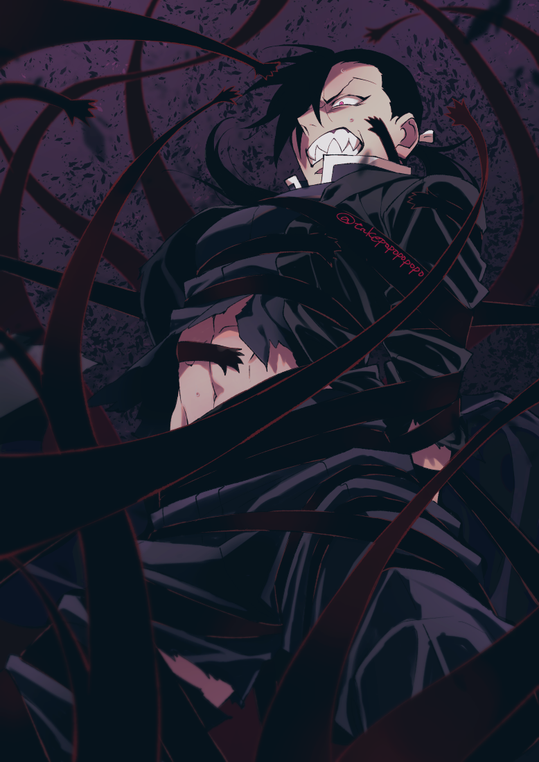 1boy arms_behind_back black_hair black_jacket black_pants black_shirt clenched_teeth cowboy_shot dust fullmetal_alchemist greed_(fma) hair_over_one_eye jacket ling_yao long_hair long_sleeves looking_at_another looking_down male_focus one_eye_covered outline pants ponytail popo_take pride_(fma) red_eyes red_outline sharp_teeth shirt spoilers teeth tentacles toned toned_male torn_clothes torn_pants torn_shirt torn_sleeves twitter_username
