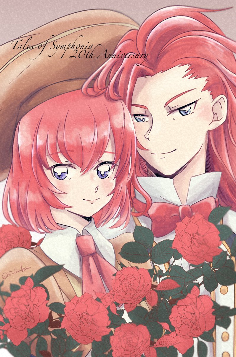 1boy 1girl 5_inaba alternate_costume blue_eyes brother_and_sister flower highres light_blush light_smile red_flower red_hair red_rose rose seles_wilder siblings simple_background tales_of_(series) tales_of_symphonia zelos_wilder