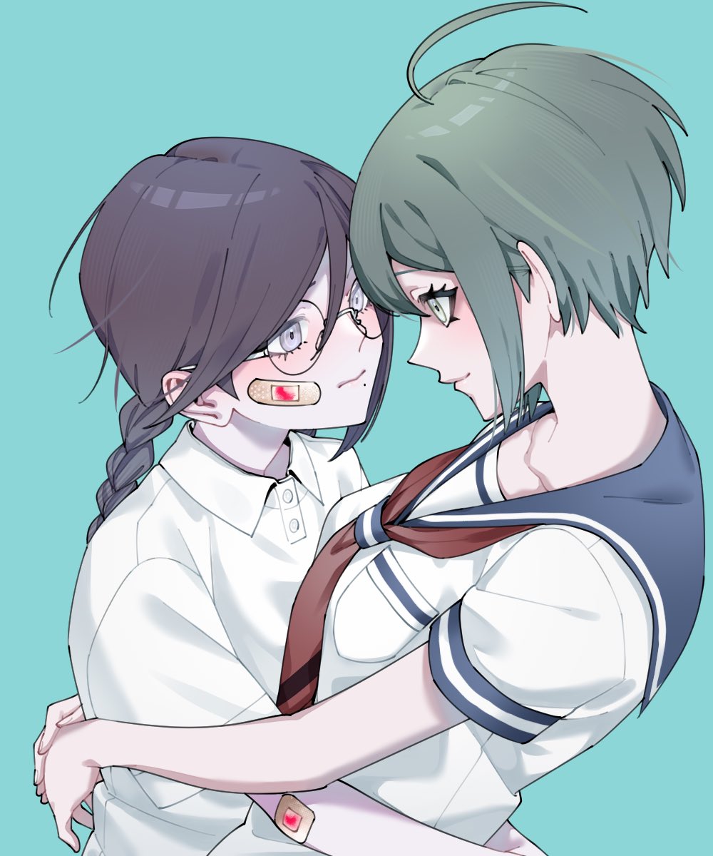 2girls ahoge alternate_costume bandaid bandaid_on_cheek bandaid_on_face breast_pocket breasts brown_hair collared_shirt danganronpa_(series) danganronpa_another_episode:_ultra_despair_girls eye_contact fukawa_toko glasses highres hug ling_yun_(amadare0803) long_hair looking_at_another mole mole_under_mouth multiple_girls naegi_komaru neckerchief pocket red_neckerchief sailor_collar school_uniform shirt short_hair short_sleeves smile white_shirt