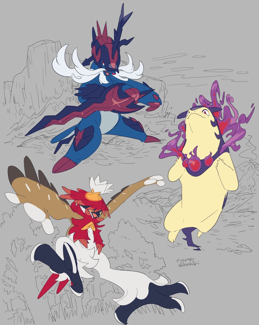autumn_leaves closed_mouth facial_hair fangs fire forest grey_background hat highres hisuian_decidueye hisuian_samurott hisuian_typhlosion holding kochi8i leaf nature nintendo no_humans ocean pokemon pokemon_(creature) purple_fire seashell shell smile standing starter_pokemon_trio straw_hat sword tail talons volcano waves weapon wings