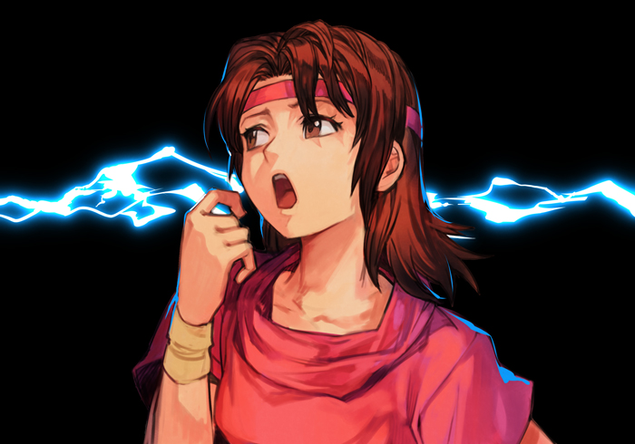 1girl black_background brown_eyes brown_hair hand_up headband hokuto_no_ken hungry_clicker lin_(hokuto_no_ken) long_hair newtype_flash open_mouth red_shirt shirt solo wristband