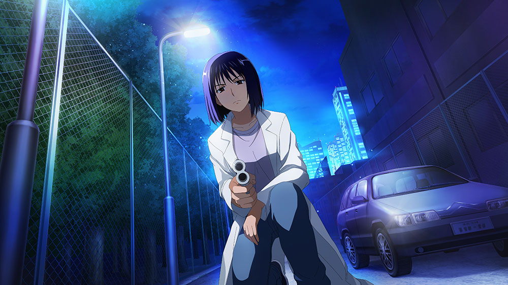 1girl aiming aiming_at_viewer building car chain-link_fence fence gun handgun lab_coat lamppost motor_vehicle night on_one_knee solo toaru_majutsu_no_index toaru_majutsu_no_index:_imaginary_fest weapon yoshikawa_kikyou