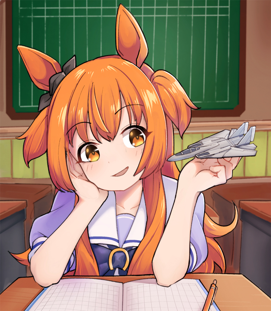 1girl animal_ears blush bow desk ear_bow elbow_rest hand_on_own_cheek hand_on_own_face horse_ears indoors jacy long_hair mayano_top_gun_(umamusume) mechanical_pencil notebook open_mouth orange_eyes orange_hair pencil puffy_short_sleeves puffy_sleeves purple_shirt school_desk school_uniform shirt short_sleeves sitting smile solo toy_airplane tracen_school_uniform two_side_up umamusume