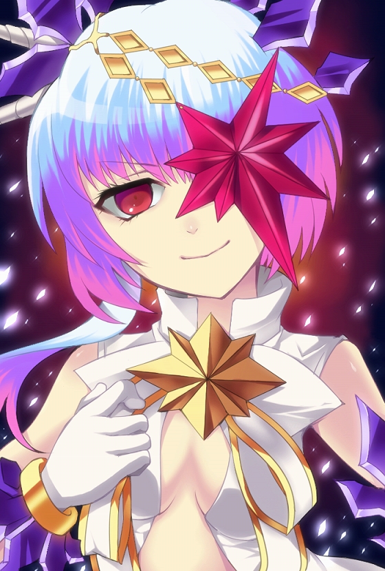 1girl alfa_system blue_hair bow bracelet brooch brown_eyes enoo eyepatch female_focus gloves gradient_hair hair_ornament hairpin jewelry multicolored_hair purple_hair razalis razalis_(tales) sidelocks smile solo tales_of_(series) tales_of_the_world tales_of_the_world_radiant_mythology_3 white_gloves white_hair