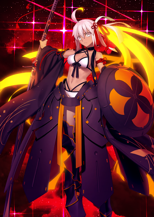 1girl ahoge armor armored_boots armored_skirt bikini black_armor black_boots black_sleeves blunt_ends boots bow bow_bikini breasts chinese_knot cleavage closed_mouth detached_sleeves diffraction_spikes fate/grand_order fate_(series) front-tie_bikini_top front-tie_top frown game_cg glowing glowing_hair grey_eyes hair_between_eyes hair_ornament halterneck hand_up holding holding_shield holding_sword holding_weapon huge_weapon katana long_hair long_sleeves looking_at_viewer medium_breasts multi-strapped_bikini_bottom multi-strapped_bikini_top official_art okita_souji_(fate) okita_souji_alter_(swimsuit_saber)_(fate) okita_souji_alter_(swimsuit_saber)_(third_ascension)_(fate) orange_hair platform_boots ponytail red_background sheath sheathed shield sidelocks solo standing swimsuit sword takeuchi_takashi tassel third-party_source underboob v-shaped_eyebrows very_long_hair weapon white_bikini white_hair wide_sleeves