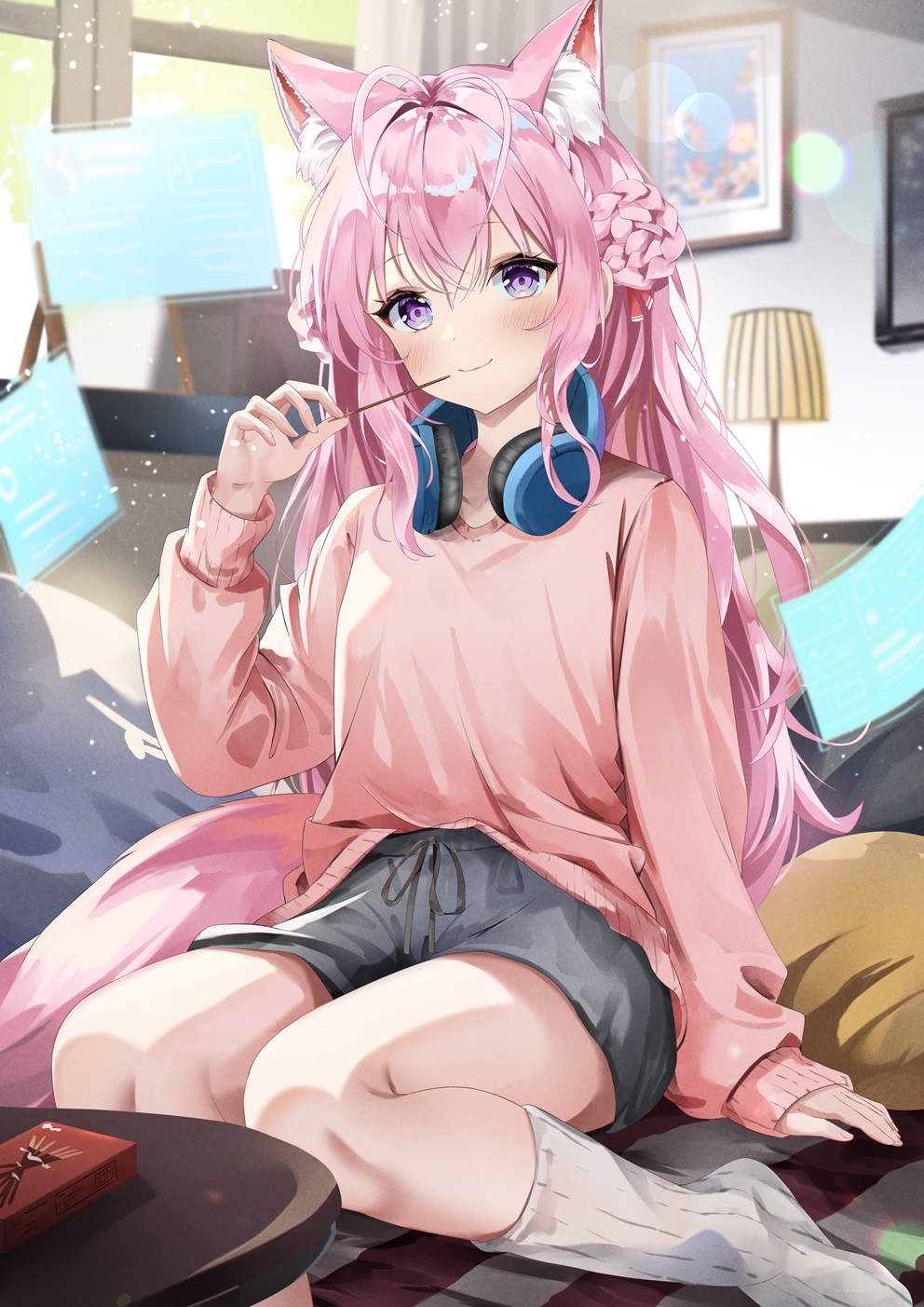 1girl aizawa_(aizawatsu) animal_ears antenna_hair blush braid braided_bun closed_mouth collarbone crown_braid cushion day double_bun extra_ears fanged_bangs food grey_shirt hair_between_eyes hair_bun hair_ribbon hakui_koyori headphones headphones_around_neck highres holding holding_food holding_pocky holographic_interface hololive indoors lamp lens_flare light_particles long_hair long_sleeves looking_at_viewer picture_frame pink_eyes pink_hair pink_sweater pocky red_eyes ribbed_socks ribbon shirt sitting sleeves_past_wrists smile socks solo sweater tail thighs virtual_youtuber white_socks window wolf_ears wolf_girl wolf_tail