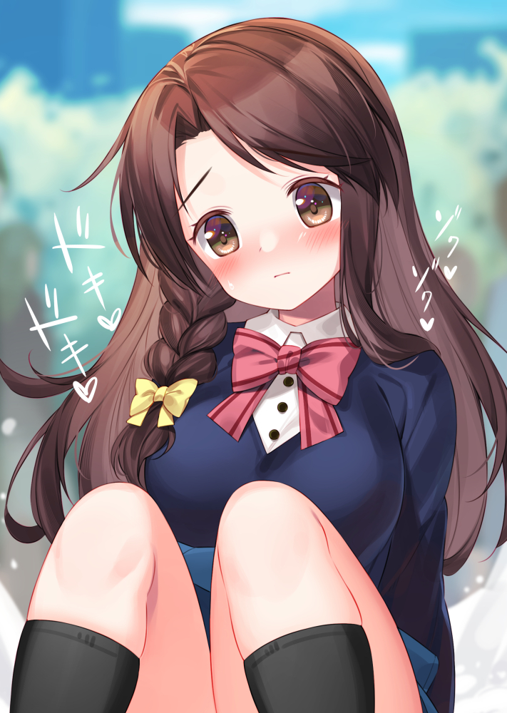 1girl black_shirt black_socks blue_skirt blush bow braid breasts brown_eyes brown_hair bucchake_(asami) clothes_lift commission hair_bow kin-iro_mosaic kneehighs long_hair looking_at_viewer matsubara_honoka medium_breasts out-of-frame_censoring outdoors ribbon school_uniform shirt sitting skeb_commission skirt skirt_lift socks solo thighs white_shirt