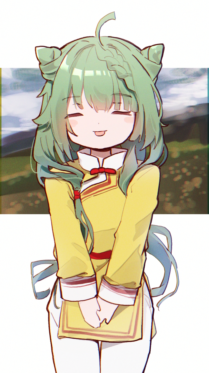 1girl :p ahoge blush bow braid braided_bangs closed_eyes clothing_request cone_hair_bun cowboy_shot green_hair hair_bun heruka_(madoka_magica) highres kashi_neko letterboxed long_hair long_sleeves low_twintails magia_record:_mahou_shoujo_madoka_magica_gaiden mahou_shoujo_madoka_magica mandarin_collar outdoors pants red_bow shirt smile solo tongue tongue_out twintails v_arms very_long_hair white_pants yellow_shirt