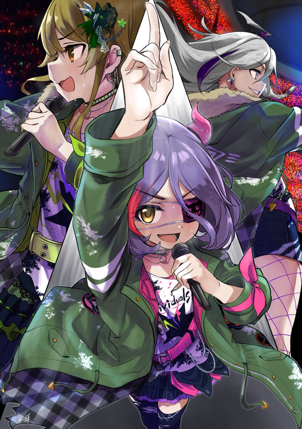 3girls brown_eyes choker ear_piercing eyepatch fake_horns grey_hair hair_ornament hayasaka_mirei highres holding holding_microphone horns hoshi_syoko idolmaster idolmaster_cinderella_girls idolmaster_cinderella_girls_starlight_stage individuals_(idolmaster) jacket kirikirimai_(kkm) microphone morikubo_nono multiple_girls music official_alternate_costume open_clothes open_jacket out_of_frame outstretched_arms perspective piercing pointing pointing_up singing skirt smile