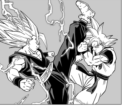 2boys blocking dragon_ball dragon_ball_super gohan_beast happy kicking lightning multiple_boys muscular muscular_male official_art smile son_gohan son_goku sparring tagme toyotarou ultra_instinct white_hair
