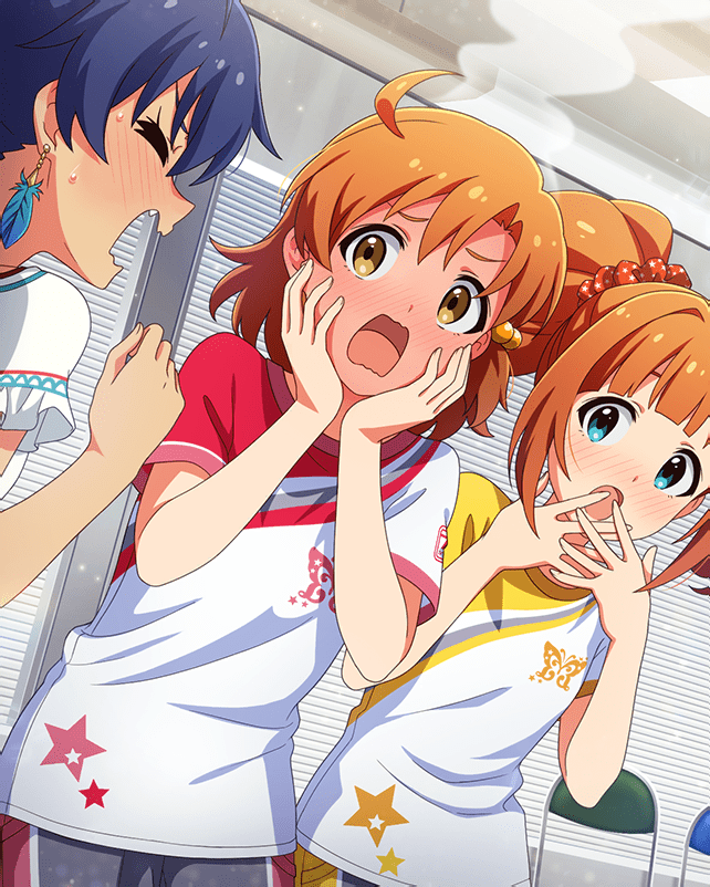 animal_print blue_eyes blue_hair blush butterfly_print card_(medium) closed_eyes earrings full-face_blush ganaha_hibiki hair_ornament hands_on_own_face head_steam idolmaster idolmaster_million_live! idolmaster_million_live!_theater_days jaw_drop jewelry lesson_wear_(idolmaster_million_live!) official_art open_mouth orange_eyes orange_hair profile shirt star_(symbol) steam surprised t-shirt takatsuki_yayoi yabuki_kana