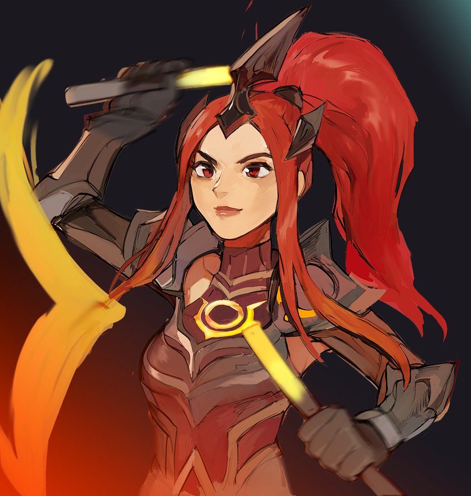 1girl armor black_gloves breasts closed_mouth gloves high_ponytail jpeg_artifacts league_of_legends long_hair medium_breasts motion_blur parted_bangs ponytail raichiyo red_eyes red_hair red_lips shoulder_armor sivir smile solar_eclipse_sivir solo vambraces