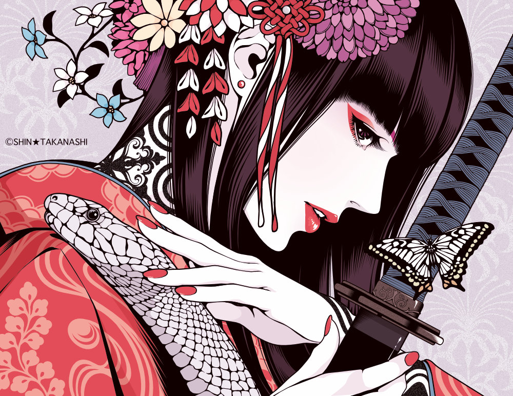 1girl artist_name black_hair blue_flower brown_eyes bug butterfly commentary_request earrings eyelashes eyeliner eyeshadow flat_color floral_print floral_print_kimono flower from_side grey_background hair_flower hair_ornament holding holding_sword holding_weapon insect japanese_clothes jewelry katana kimono limited_palette long_hair looking_at_viewer makeup neck_tattoo original pale_skin parted_lips pink_flower portrait print_kimono red_eyeliner red_kimono red_lips red_nails snake snake_on_shoulder solo stud_earrings sword takanashi_shin tattoo teeth weapon white_snake