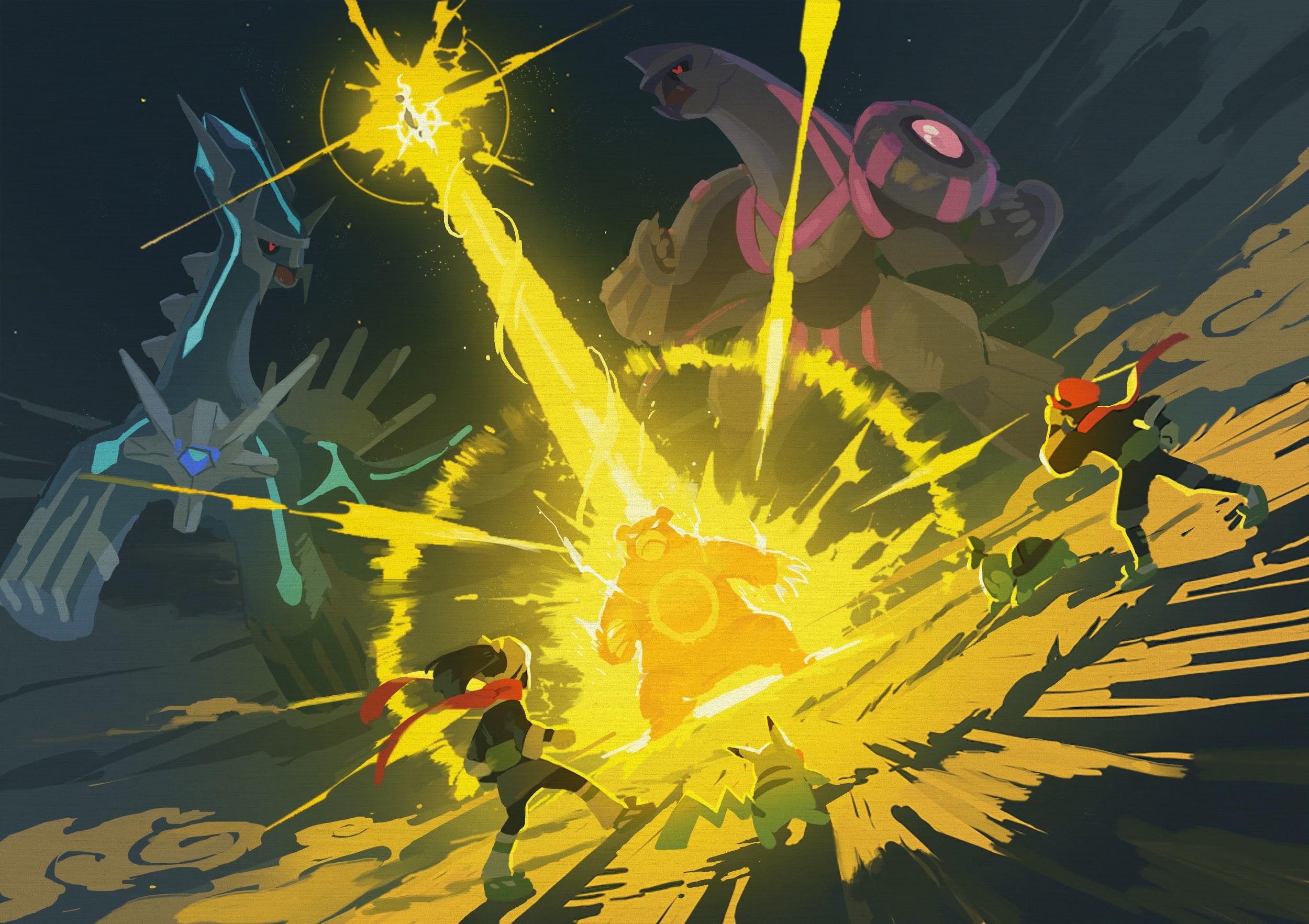 00s 1boy 1girl 2013 2024_pokemon_teraleak 5others akari_(pokemon) angry animal_focus arceus aura breasts claws concept_art dialga energy_gun epic explosion floating_hair full_body galaxy_expedition_team_survey_corps_uniform gen_1_pokemon gen_2_pokemon gen_4_pokemon glowing hat highres legendary_pokemon long_hair looking_at_another multiple_others mythical_pokemon night night_sky nintendo official_art outdoors palkia pikachu pokemon pokemon_legends:_arceus ponytail production_art red_eyes red_hat red_scarf reference_sheet rei_(pokemon) scarf short_hair sky standing turtwig ursaring weapon wind