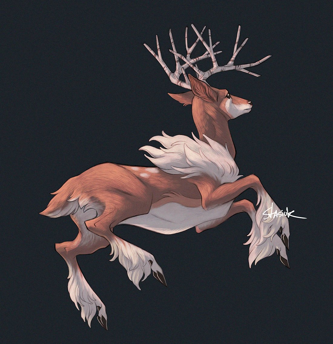 animal animal_focus antlers black_background commentary deer english_commentary fluffy from_behind full_body gen_5_pokemon hooves horns nintendo no_humans pokemon pokemon_(creature) realistic sawsbuck sawsbuck_(winter) simple_background stasanie tail