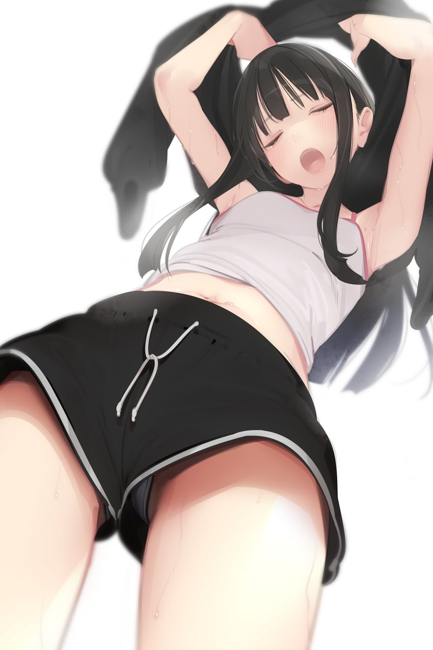 1girl ama_mitsuki black_hair breasts camisole closed_eyes female from_below highres loli long_hair original panties shorts simple_background small_breasts solo underwear undressing upshorts white_background white_panties yawning