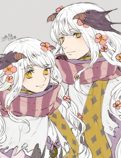 2boys brown_scarf brown_wings closed_mouth commentary_request dated demon_wings flower grey_background hair_flower hair_ornament head_wings long_hair looking_at_viewer male_focus minstrel_(ragnarok_online) multiple_boys multiple_scarves pink_flower ragnarok_online scarf sidelocks simple_background smile striped_clothes striped_scarf tokio_(okt0w0) upper_body white_hair wings yellow_eyes yellow_scarf