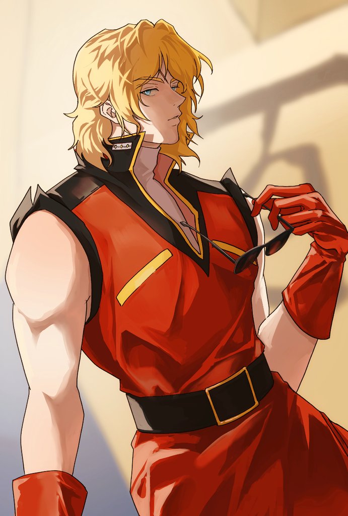 1boy adam&#039;s_apple arm_up bare_shoulders belt belt_buckle black_belt blonde_hair blue_eyes buckle closed_mouth commentary cowboy_shot dutch_angle gloves gundam hair_behind_ear holding holding_removed_eyewear indoors jacket looking_to_the_side male_focus quattro_bajeena red_gloves red_jacket shirt sideways_glance solo sunglasses turtleneck unworn_eyewear v-neck white_shirt zerozany zeta_gundam