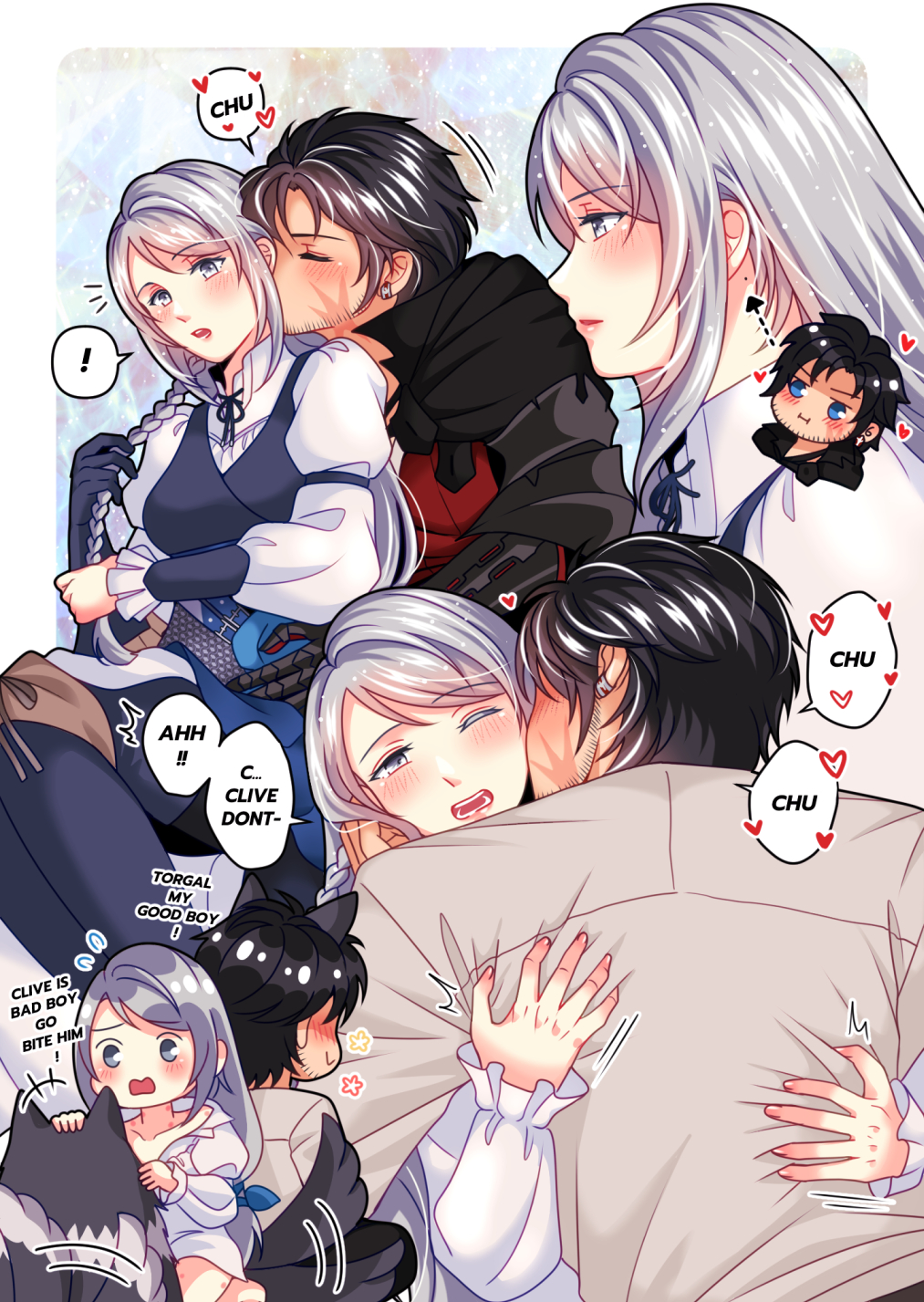 ! 1boy 1girl animal arrow_(symbol) babigonice black_hair blue_boots blue_eyes blue_skirt blue_vest blush boots braid breasts chibi chibi_inset clive_rosfield collarbone couple earrings english_text facial_hair facial_scar final_fantasy final_fantasy_xvi flying_sweatdrops frilled_sleeves frills grey_eyes grey_hair grey_shirt grey_wolf heart hickey highres hug jewelry jill_warrick kiss kissing_cheek long_hair long_sleeves medium_breasts motion_lines multiple_views open_mouth profile scar scar_on_cheek scar_on_face shirt short_hair single_braid skirt speech_bubble spoken_exclamation_mark torgal_(ff16) vest white_shirt