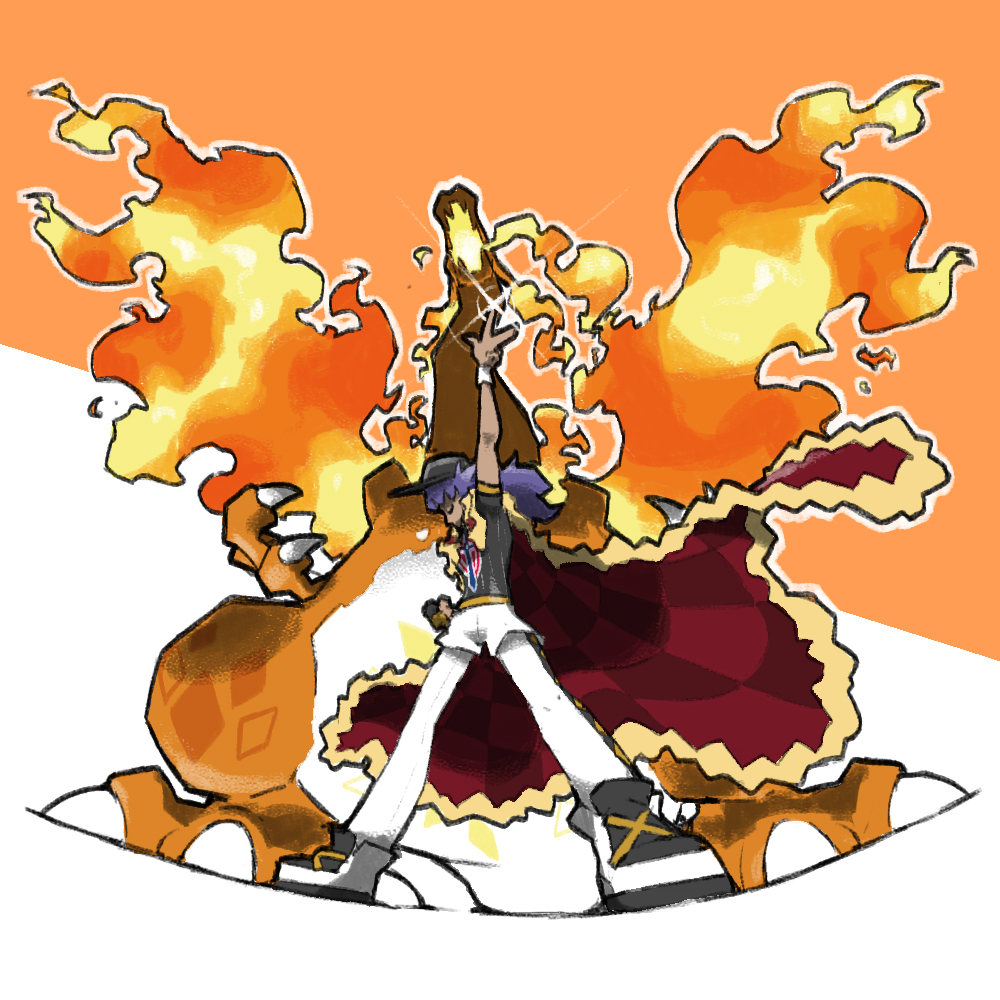 1boy animal arm_up baseball_cap black_gloves black_hat black_shirt blacknirrow cape champion_uniform charizard charizard_pose checkered_cape checkered_clothes claws closed_eyes dark-skinned_male dark_skin dynamax_band fire full_body gen_1_pokemon gigantamax gigantamax_charizard glint gloves glowing_mouth hat leon_(pokemon) long_hair nintendo open_mouth outline oversized_animal partially_fingerless_gloves pokemon pokemon_(creature) pokemon_swsh purple_hair red_cape shirt shoes shorts simple_background single_glove standing two-tone_background white_outline white_shorts