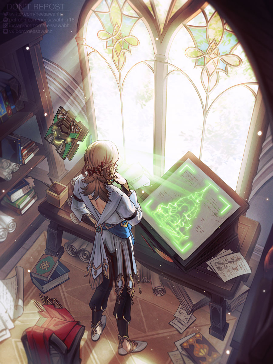 1boy artist_name back_cutout black_gloves black_pants blonde_hair blue_sash blueprint_(object) book book_stack braid cape chair clothing_cutout day facing_away feather_hair_ornament feathers fingerless_gloves from_above from_behind genshin_impact gloves gold_trim hair_ornament hairclip hand_up hashtag-only_commentary highres indoors instagram_logo instagram_username kaveh_(genshin_impact) light_particles light_rays long_hair long_sleeves male_focus mehrak_(genshin_impact) neesawahh pants paper patreon_logo patreon_username puffy_long_sleeves puffy_sleeves red_cape rug sash scroll shadow shirt shoes single_braid solo stained_glass standing suitcase table tile_floor tiles twitter_logo twitter_username unworn_cape vkontakte_logo vkontakte_username watermark web_address white_shirt white_shoes window wooden_chair wooden_table x_hair_ornament
