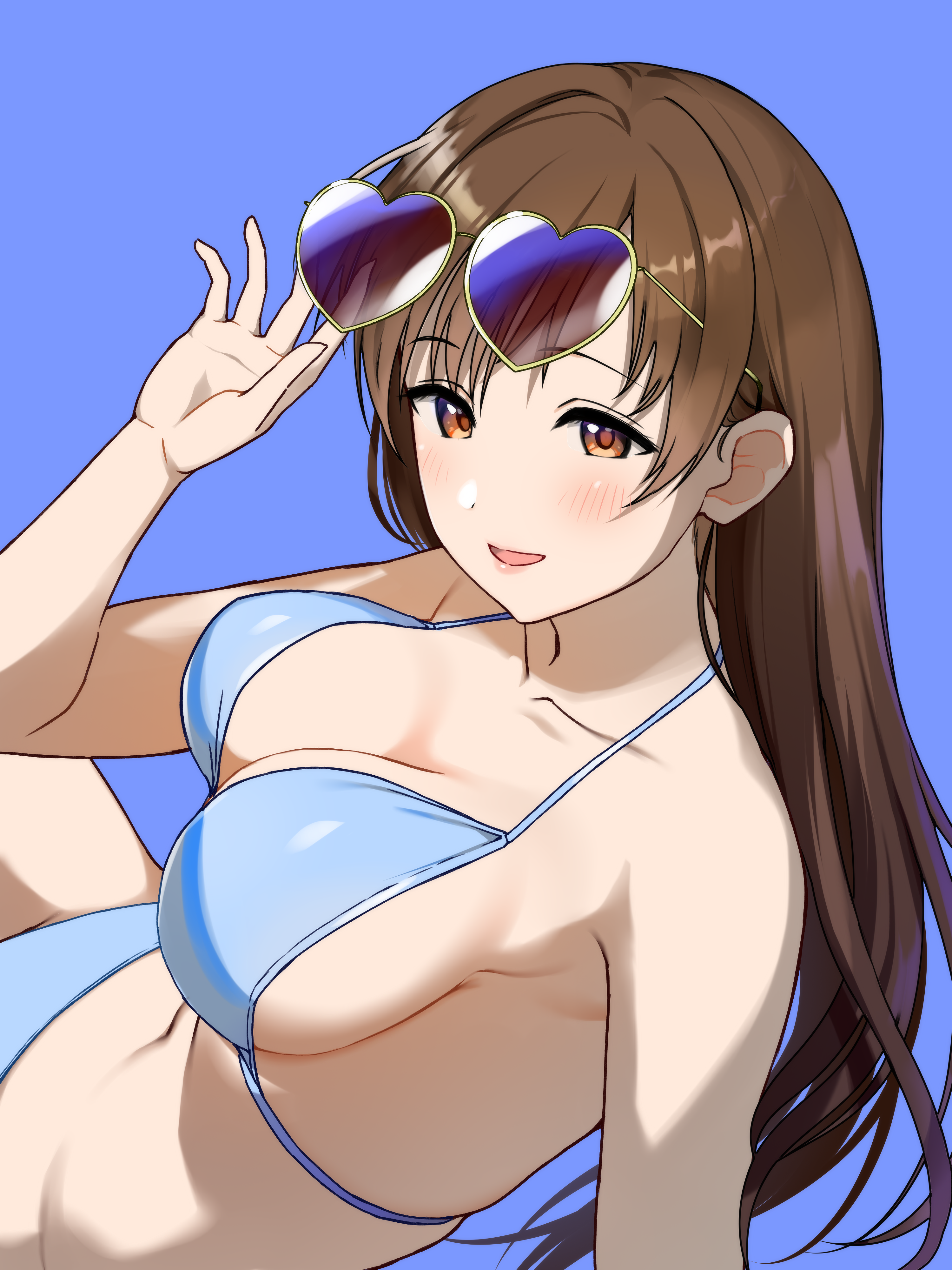 1girl absurdres bikini blue_background blue_bikini blush breasts brown_eyes brown_hair cleavage commentary_request eyewear_on_head heart heart-shaped_eyewear highres idolmaster idolmaster_cinderella_girls large_breasts long_hair looking_at_viewer natsuya_(natuya777) navel nitta_minami open_mouth simple_background smile solo stomach swimsuit upper_body