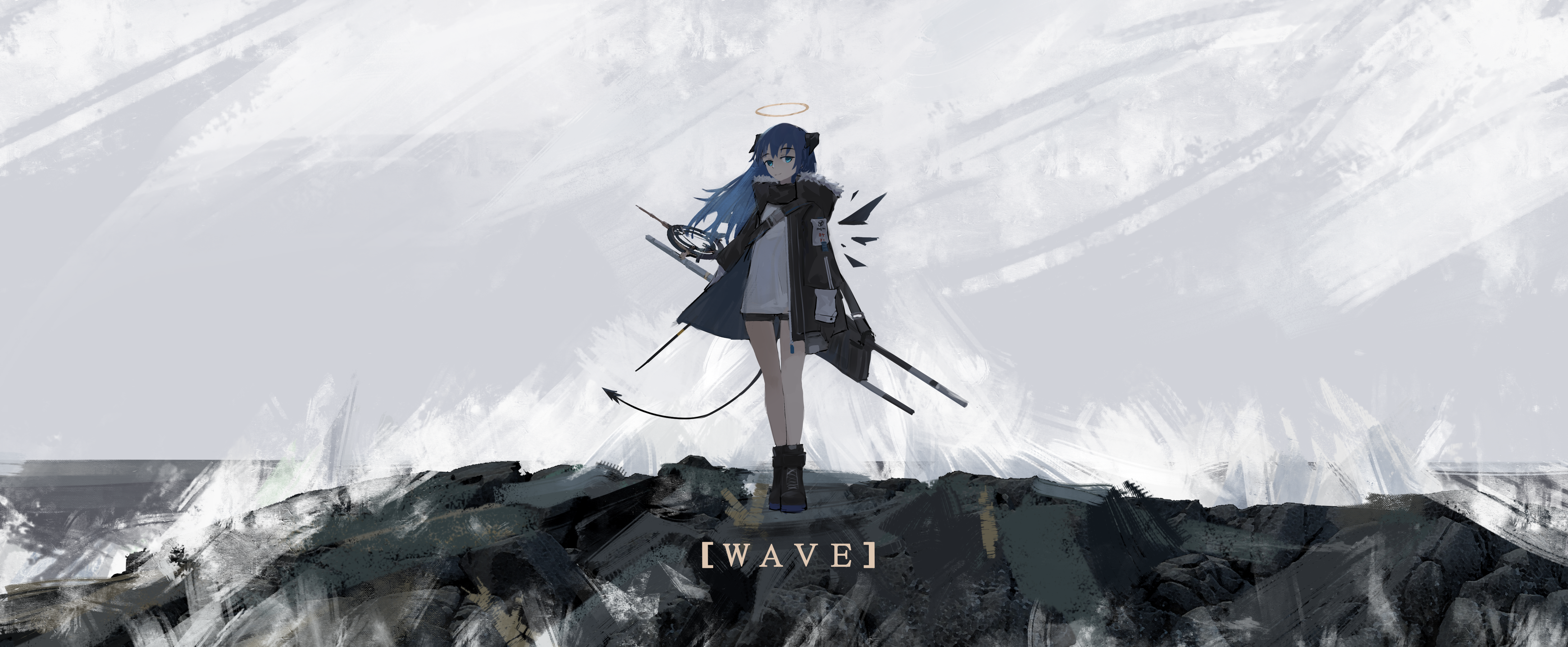 1girl absurdres arknights bare_legs black_boots black_jacket blue_eyes blue_hair boots closed_mouth cloud cloudy_sky day de4d_fish demon_horns demon_tail detached_wings english_text fallen_angel full_body fur-trimmed_jacket fur_trim gun_sling halo highres horns jacket landscape long_bangs looking_at_viewer mostima_(arknights) nature ocean open_clothes open_jacket outdoors overcast polearm rock scenery sea_spray shirt sidelocks sky smile solo spear standing tail weapon weapon_on_back white_shirt wind wings
