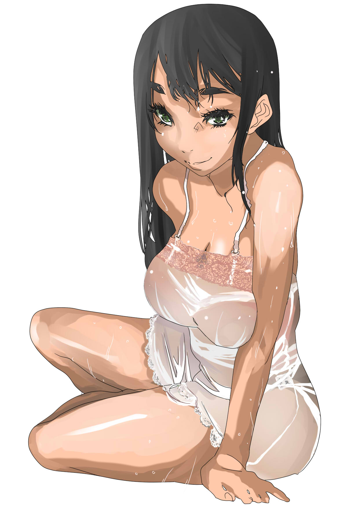 1girl black_eyes black_hair breasts chiisan female_focus highres large_breasts long_hair looking_at_viewer nightgown simple_background solo sweat white_background