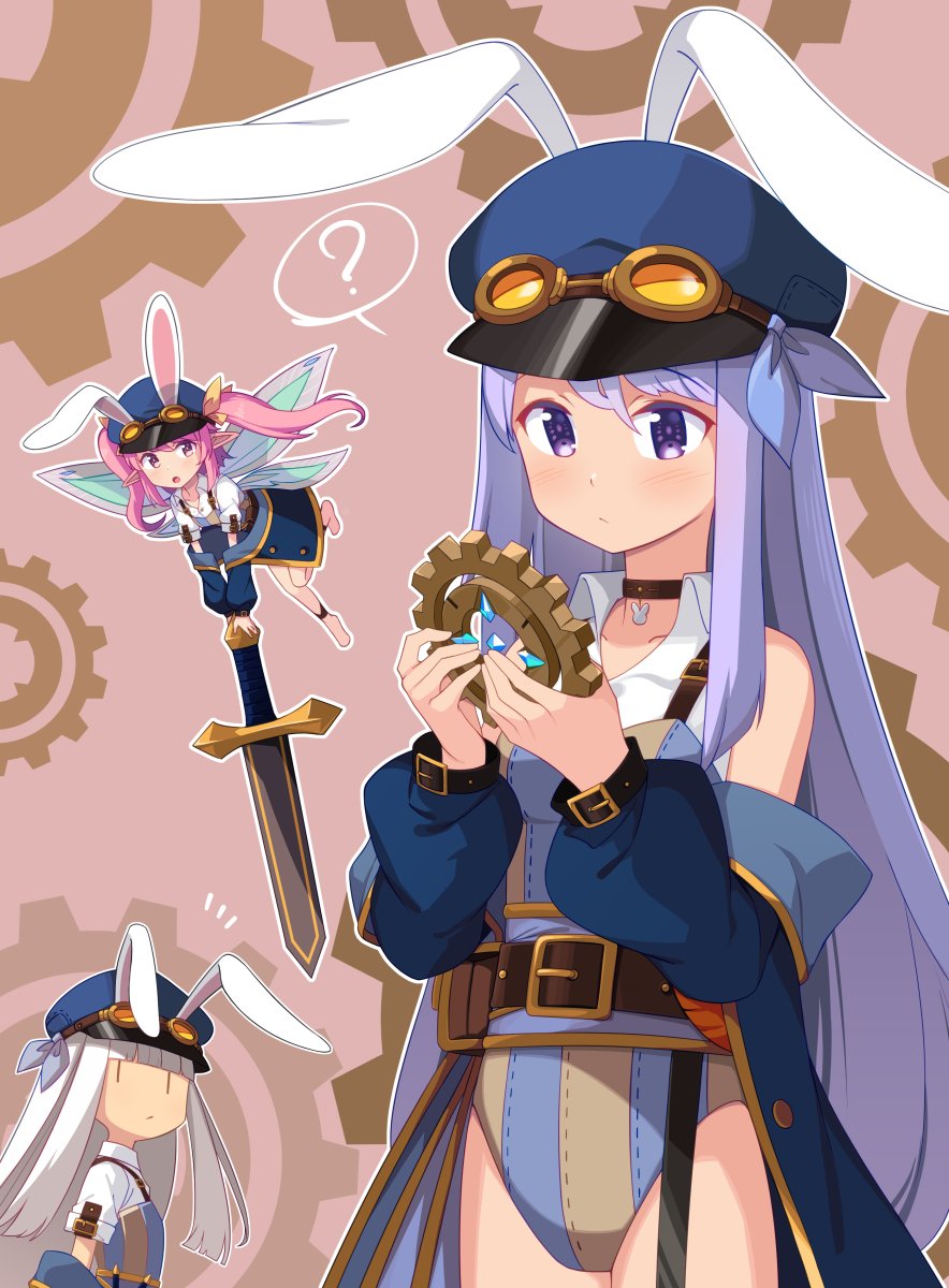 3girls ? animal_ears bare_shoulders belt blunt_bangs choker commentary creator_connection english_commentary erina_(rabi-ribi) fairy fairy_wings flying gears goggles hat highres leotard long_hair mini_person minigirl multiple_girls official_art outline pink_hair puffy_sleeves purple_eyes purple_hair rabbit_ears rabi-ribi ribbon_(rabi-ribi) saiste second-party_source spoken_question_mark sword tevi tevi_(tevi) twintails very_long_hair weapon white_hair white_outline wings |_|