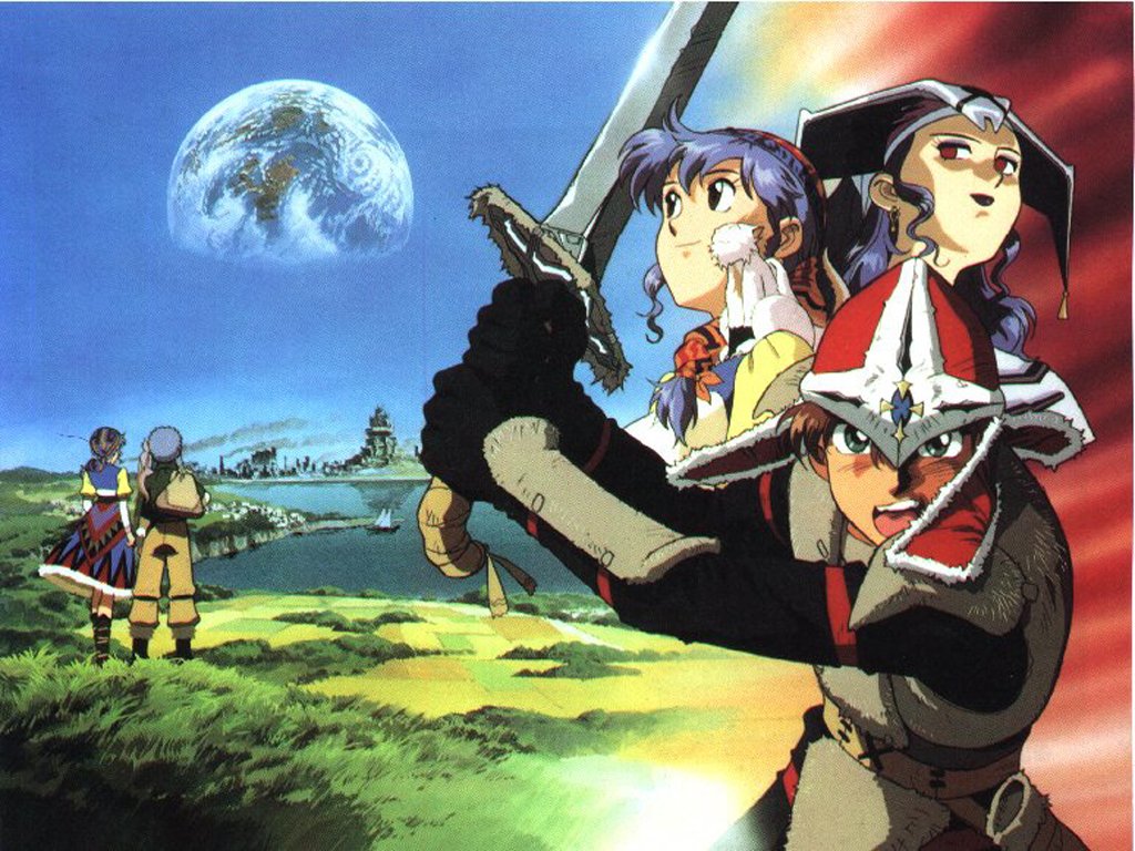 1boy 2girls alex_noah bandana blue_hair dragonmaster game_arts luna_noah lunar lunar:_the_silver_star multiple_girls nall_(lunar) official_art official_wallpaper sword weapon