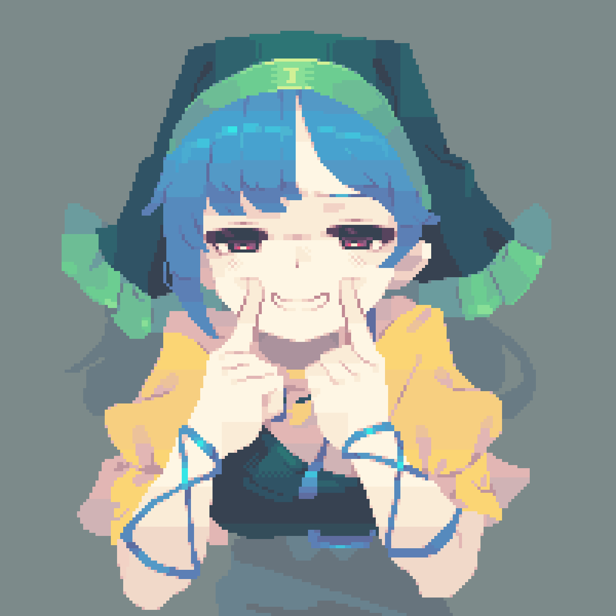1girl 4qw5 blue_hair dress fingersmile forced_smile green_background green_headscarf haniyasushin_keiki headscarf highres long_hair looking_at_viewer pixel_art red_eyes ribbon straight-on touhou yellow_dress