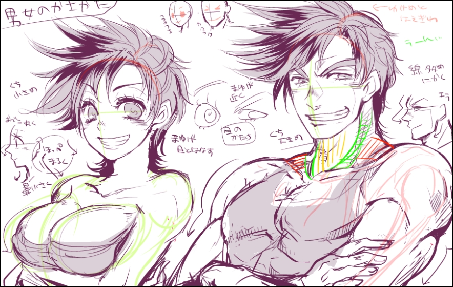 1boy 1girl bakanoise breast_hold breasts reference_sheet cleavage covered_erect_nipples dual_persona genderswap genderswap_(mtf) grin jojo_no_kimyou_na_bouken joseph_joestar joseph_joestar_(young) large_breasts muscular pectorals pectorals sadahara_inako sketch smile translation_request upper_body