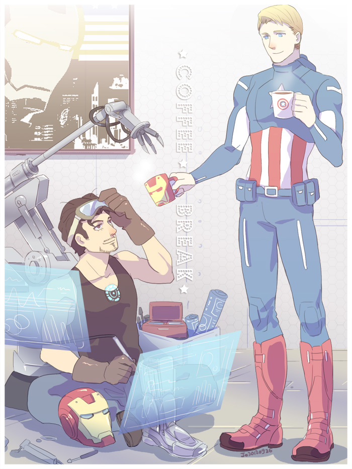 2boys arc_reactor artist_name avengers_(series) bare_shoulders black_shoes black_tank_top blonde_hair blue-tinted_eyewear blue_bodysuit blue_eyes blue_pants bodysuit boots border brown_eyes brown_hair captain_america closed_mouth collarbone commentary_request covered_collarbone cup dated english_text facial_hair full_body gloves goggles goggles_on_head grey-framed_eyewear grey_gloves hand_up helmet holding holding_cup holographic_interface hood hooded_bodysuit indoors instrument_case iron_man jo_(artist) looking_at_another male_focus marvel marvel_cinematic_universe multiple_boys pants pocket red_boots red_gloves robot screwdriver scroll shadow shoes short_hair sitting smile standing star_(symbol) steve_rogers superhero_costume tank_top tinted_eyewear tony_stark vertical-striped_bodysuit white_border
