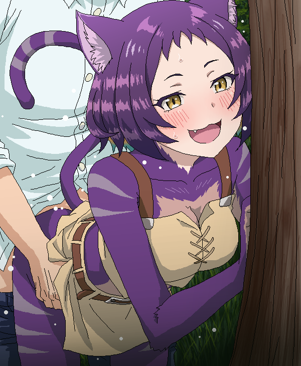 1boy 1girl animal_ears arafoo_otoko_no_isekai_tsuuhan_seikatsu blush body_fur cat_ears cat_girl cat_tail clothed_sex commentary_request dithering fang happy_sex ken&#039;ichi_hamada myarey oekaki open_mouth purple_eyes purple_fur purple_hair sex sex_from_behind shirt short_hair standing standing_sex tail tomu_(tomubobu) white_shirt yellow_eyes