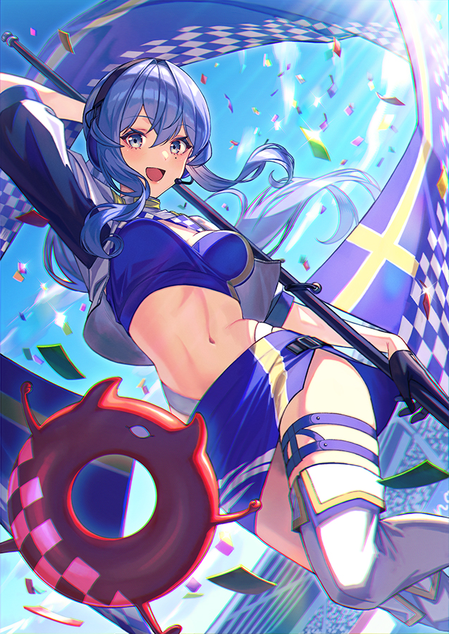 1girl abyssal_ship bandeau black_gloves blue_bandeau blue_eyes blue_hair blue_skirt blue_sky boots checkered_clothes checkered_flag cloud crop_top cropped_jacket day dutch_angle enemy_lifebuoy_(kancolle) feet_out_of_frame flag gloves gotland_(2020_race_queen)_(kancolle) gotland_(kancolle) half_gloves highleg highleg_panties jacket kantai_collection long_hair looking_at_viewer miniskirt mole mole_under_eye outdoors panties pennant ponytail race_queen skirt sky smile standing swedish_flag thigh_boots thighhighs underwear unowen white_jacket white_panties white_thighhighs