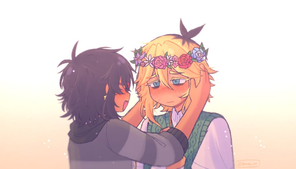 1boy 1girl antenna_hair basil_(faraway)_(omori) basil_(omori) black_hair blonde_hair blue_eyes blush closed_mouth collared_shirt donuqx earrings flower freckles glasses green_sweater_vest head_wreath jewelry looking_at_another mincy_(omori) multicolored_hair non-web_source omori open_mouth red-framed_eyewear roots_(hair) shirt short_hair short_sleeves smile star_(symbol) star_earrings sweater_vest white_shirt
