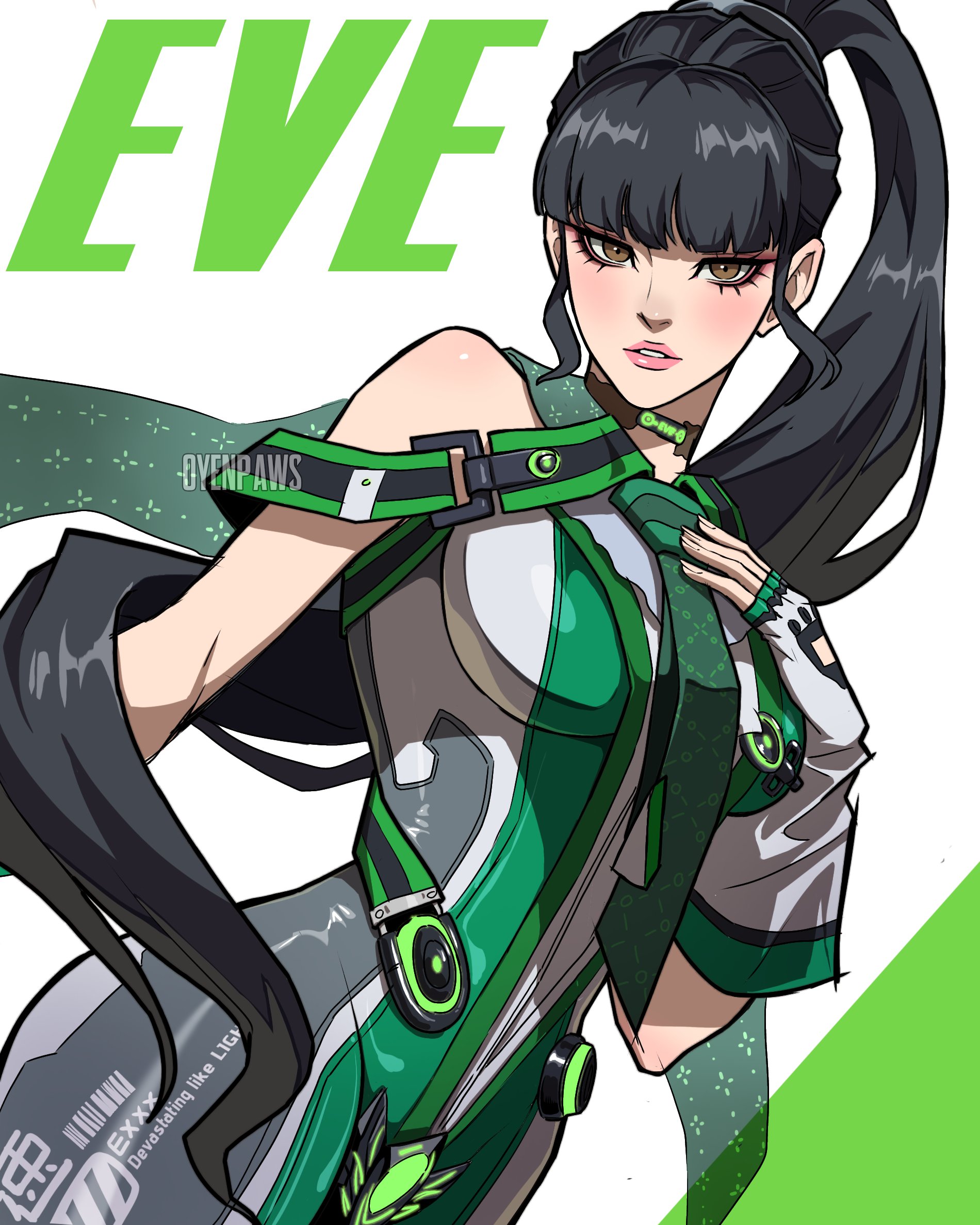 1girl 2024 ass back_cutout bare_shoulders black_hair blue_theme blunt_bangs blush body_writing bodysuit breasts brown_eyes capelet character_name choker clothing_cutout collarbone commentary cowboy_shot english_commentary eve_(stellar_blade) female_focus fingerless_gloves gloves green_theme groin hand_on_own_chest high_heels highres large_breasts long_hair looking_at_viewer necktie oyenpaws parted_lips planet_diving_suit_(7th)_(stellar_blade) ponytail serious simple_background solo standing stellar_blade two-tone_bodysuit v-shaped_eyebrows very_long_hair weapon